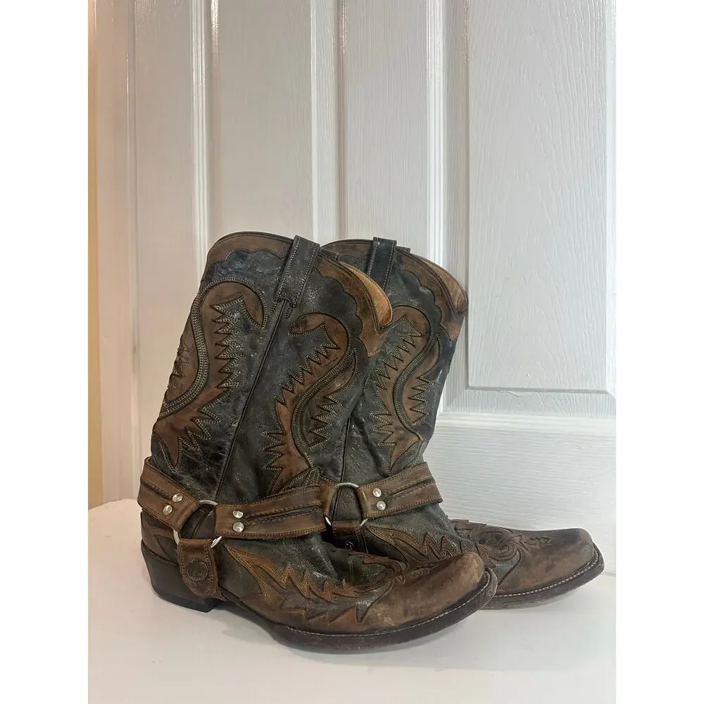Stetson Outlaw Crackle Harness Western Boots Sz 11.5D Brown Gray Cowboy Leather